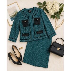 Doncaster Collection Teal Tweed Skirt Suit Set Zip Jacket Pencil Skirt Size 16